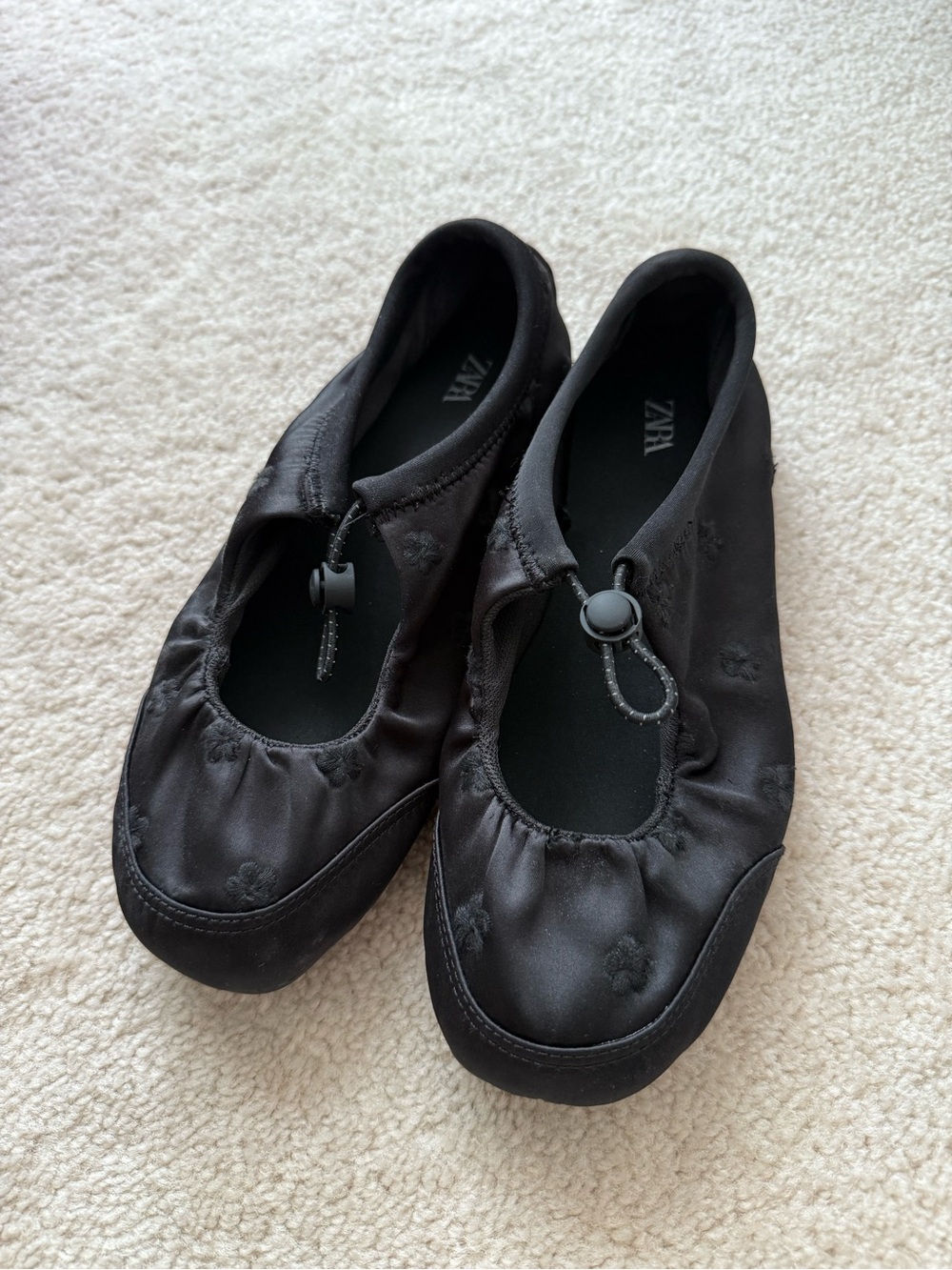 Zara Black Satin Drawstring Ballet Flats
